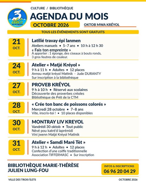 Affiche : Agenda Mwa Kreyòl - Bibliothèque des Trois-Îlets